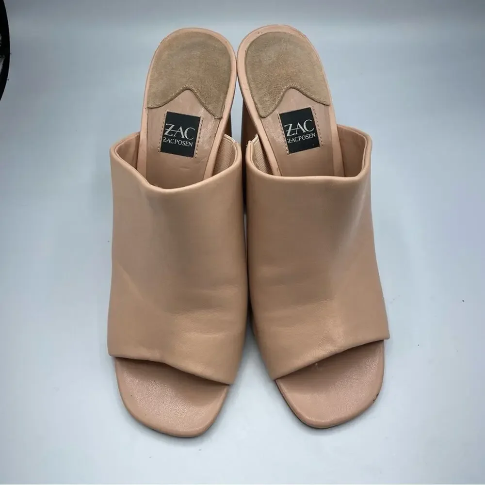 Zac Posen Nude Leather Slip One Mules Chunky Heel Women’s Shoes 9 Peep Toe Y2K